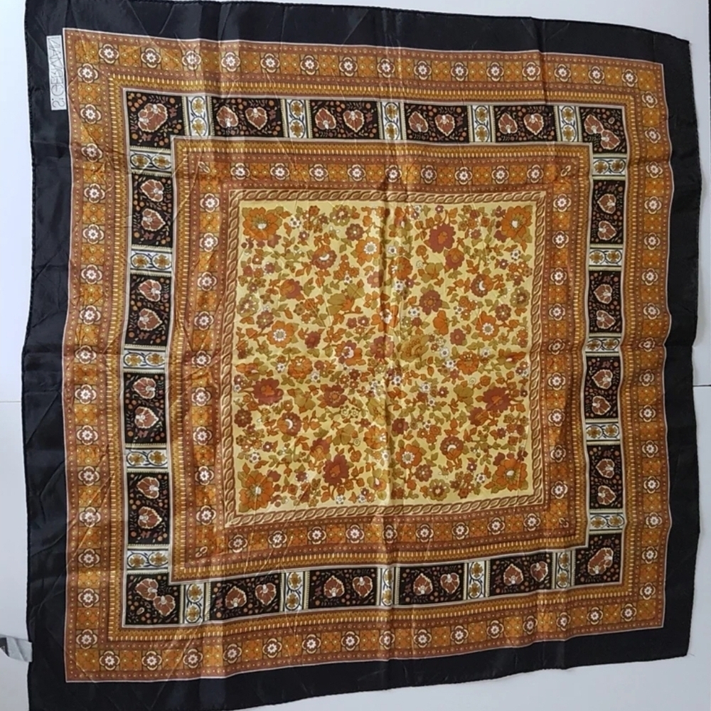 St Germain Square Head Scarf 27x27 inch Black Brown Rust Geometric Florals